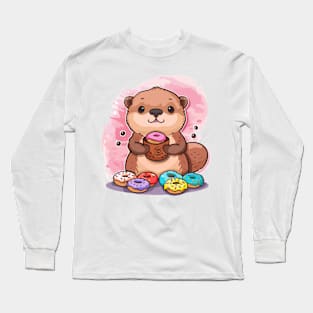 Cute sea otter eating donut Long Sleeve T-Shirt